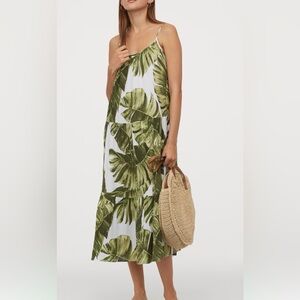 H&M Crinkle Cotton Dress Green Leaf Tiered Midi Spaghetti Strap Large Boho U